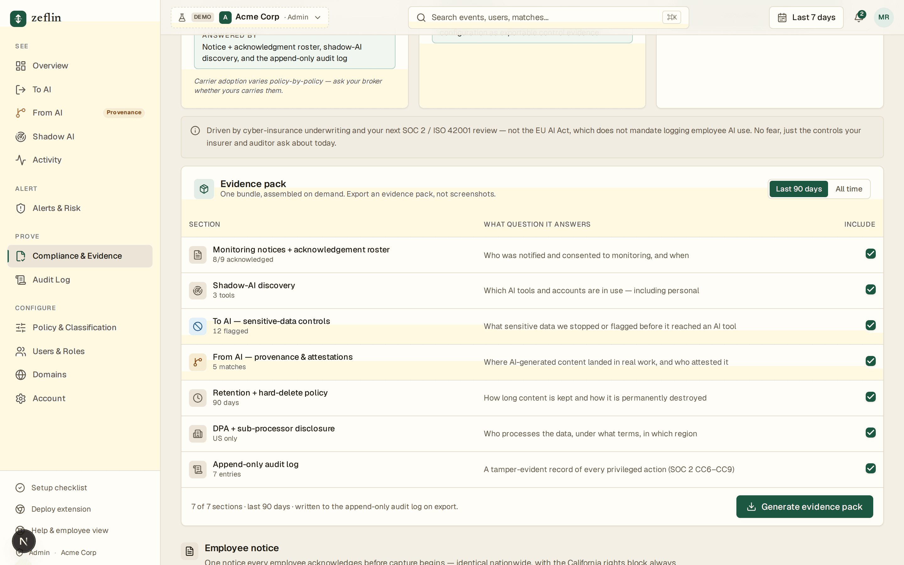 The Zeflin evidence pack composer: each section mapped to the question it answers for an insurer or auditor